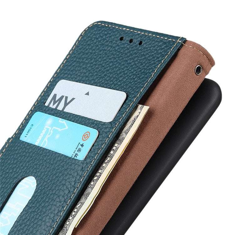 KHAZNEH Litchi Texture Top Layer Genuine Leather Phone Wallet Stand Case Protector for Google Pixel 6 - Green