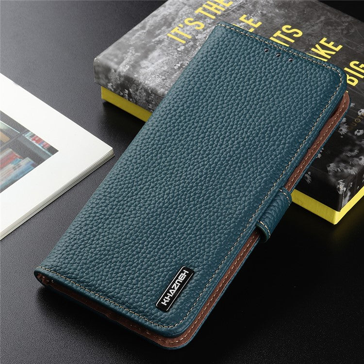 KHAZNEH Litchi Texture Top Layer Genuine Leather Phone Wallet Stand Case Protector for Google Pixel 6 - Green