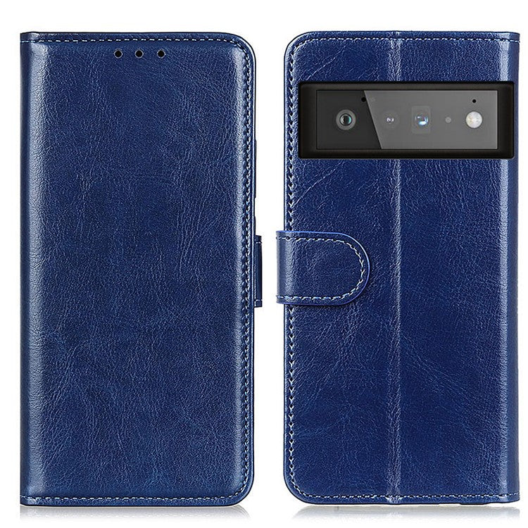 Wallet Design Drop-proof Crazy Horse Skin Leather Phone Stand Protective Shell for Google Pixel 6 Pro - Blue