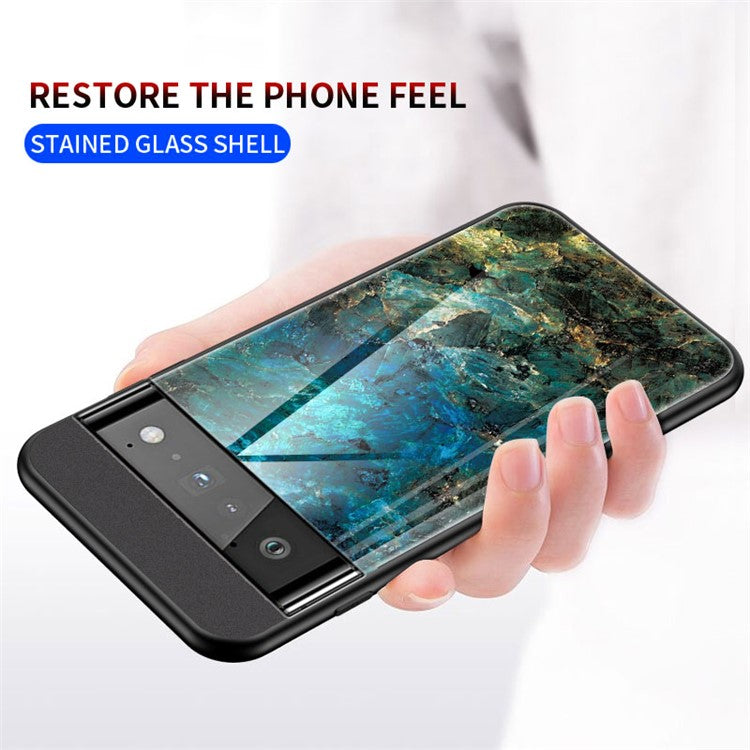 Marbling Pattern Shock-Proof Tempered Glass Cell Phone Cover for Google Pixel 6 Pro - Emerald Marble