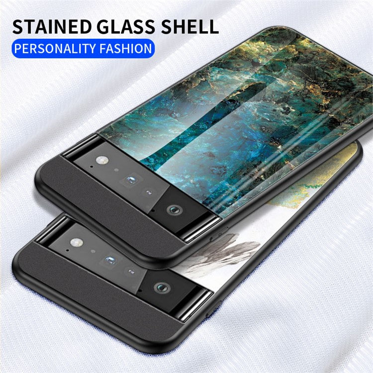 Marbling Pattern Shock-Proof Tempered Glass Cell Phone Cover for Google Pixel 6 Pro - Emerald Marble