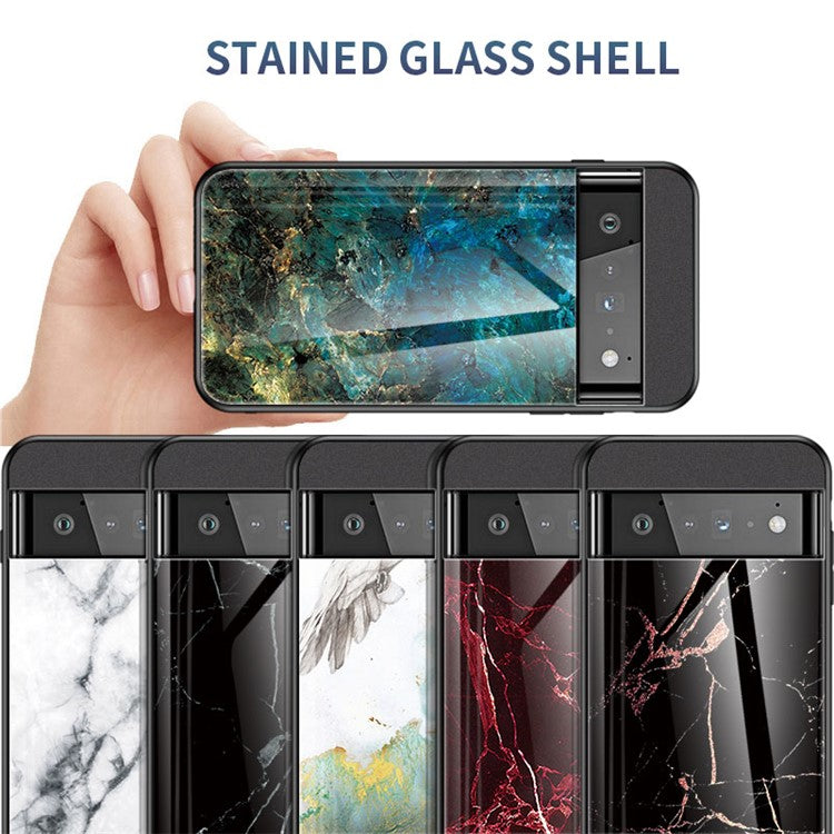 Marbling Pattern Shock-Proof Tempered Glass Cell Phone Cover for Google Pixel 6 Pro - Emerald Marble