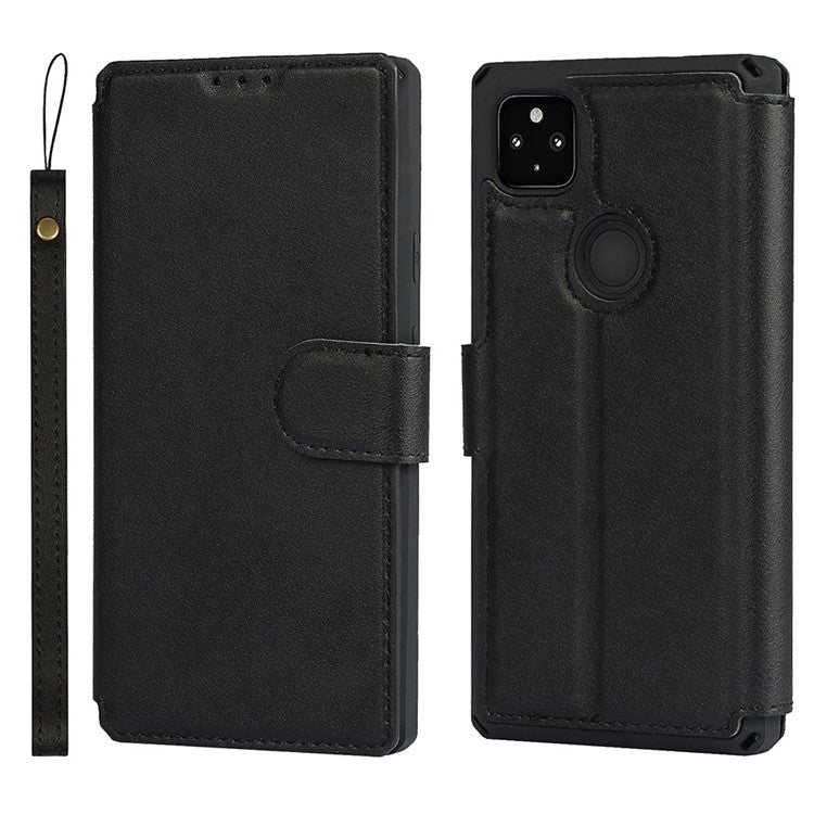 PU Leather Wallet Phone Cover with Wrist Strap for Google Pixel 4a - Black