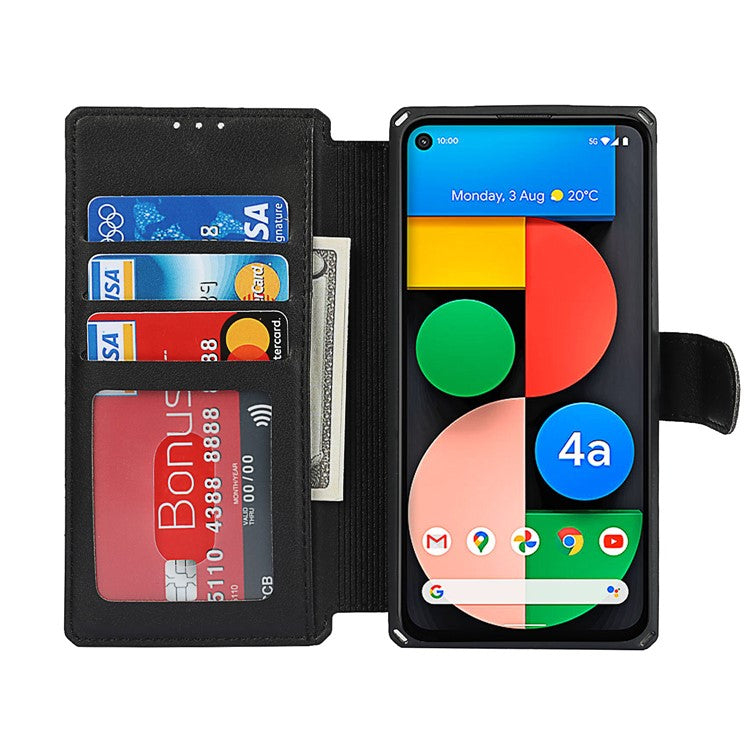 PU Leather Wallet Phone Cover with Wrist Strap for Google Pixel 4a - Black