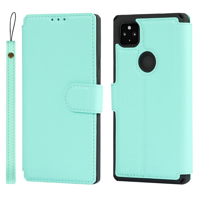 PU Leather Wallet Phone Cover with Wrist Strap for Google Pixel 4a - Cyan