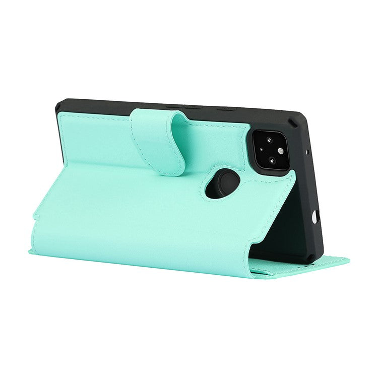 PU Leather Wallet Phone Cover with Wrist Strap for Google Pixel 4a - Cyan