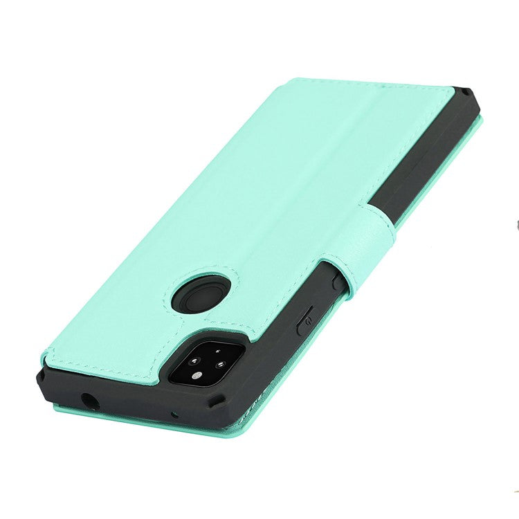 PU Leather Wallet Phone Cover with Wrist Strap for Google Pixel 4a - Cyan