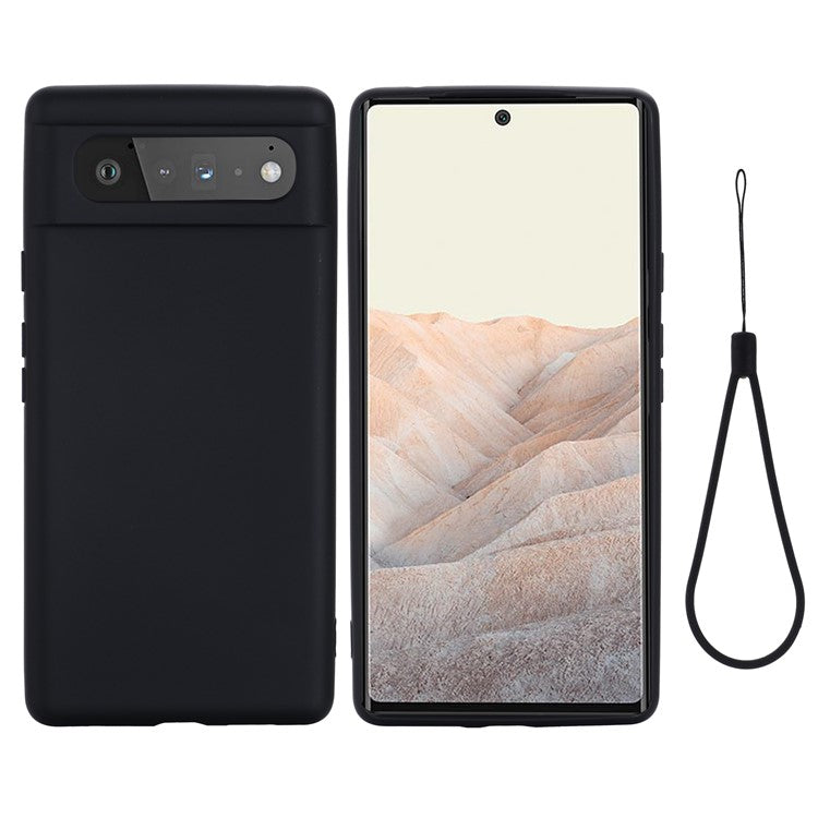 Mobile Phone Bag Case for Google Pixel 6 Liquid Silicone Shockproof Phone Cover with Strap - Black