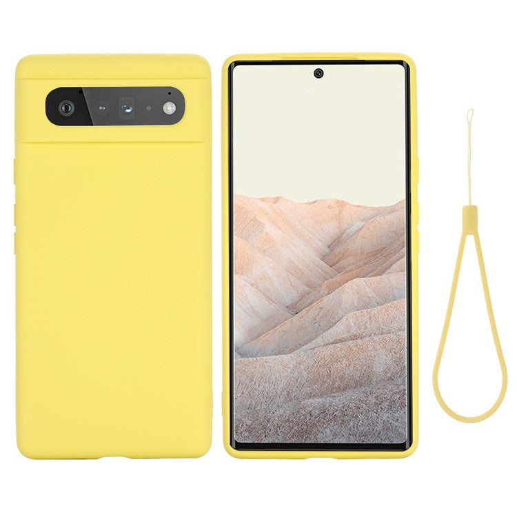 Mobile Phone Bag Case for Google Pixel 6 Liquid Silicone Shockproof Phone Cover with Strap - Yellow