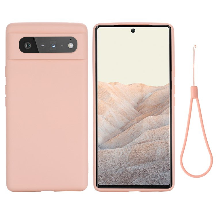 Mobile Phone Bag Case for Google Pixel 6 Liquid Silicone Shockproof Phone Cover with Strap - Pink