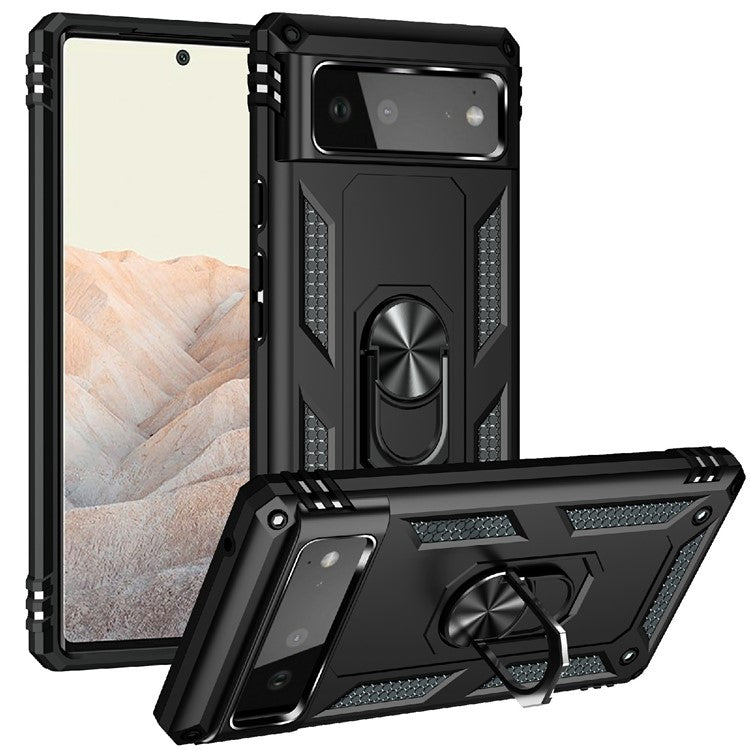 Military Grade PC + TPU Shockproof Hybrid Cover with Rotary Ring Kickstand for Google Pixel 6 - Black