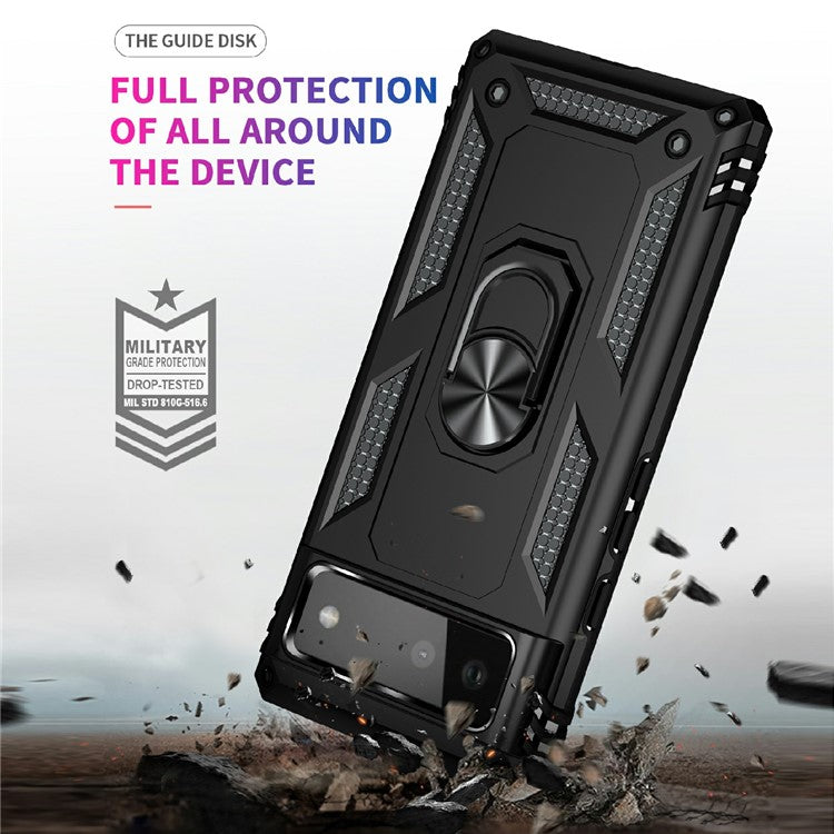 Military Grade PC + TPU Shockproof Hybrid Cover with Rotary Ring Kickstand for Google Pixel 6 - Black