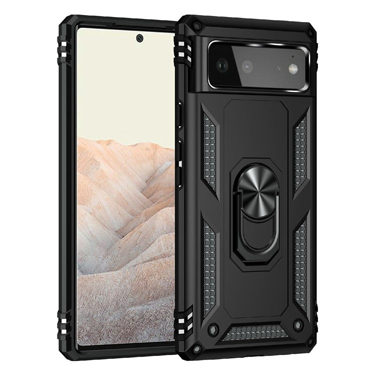 Military Grade PC + TPU Shockproof Hybrid Cover with Rotary Ring Kickstand for Google Pixel 6 - Black