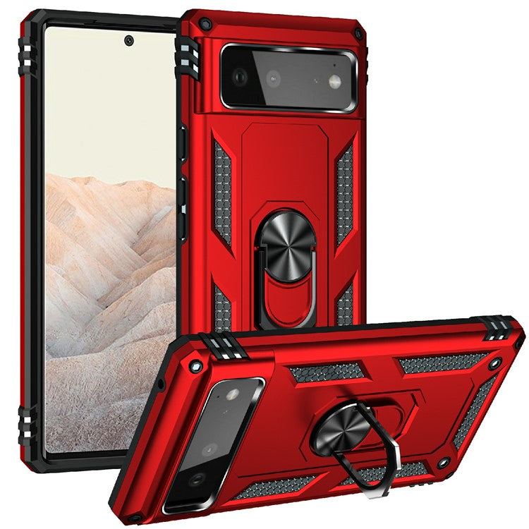 Military Grade PC + TPU Shockproof Hybrid Cover with Rotary Ring Kickstand for Google Pixel 6 - Red