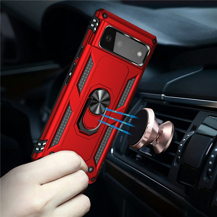 Military Grade PC + TPU Shockproof Hybrid Cover with Rotary Ring Kickstand for Google Pixel 6 - Red