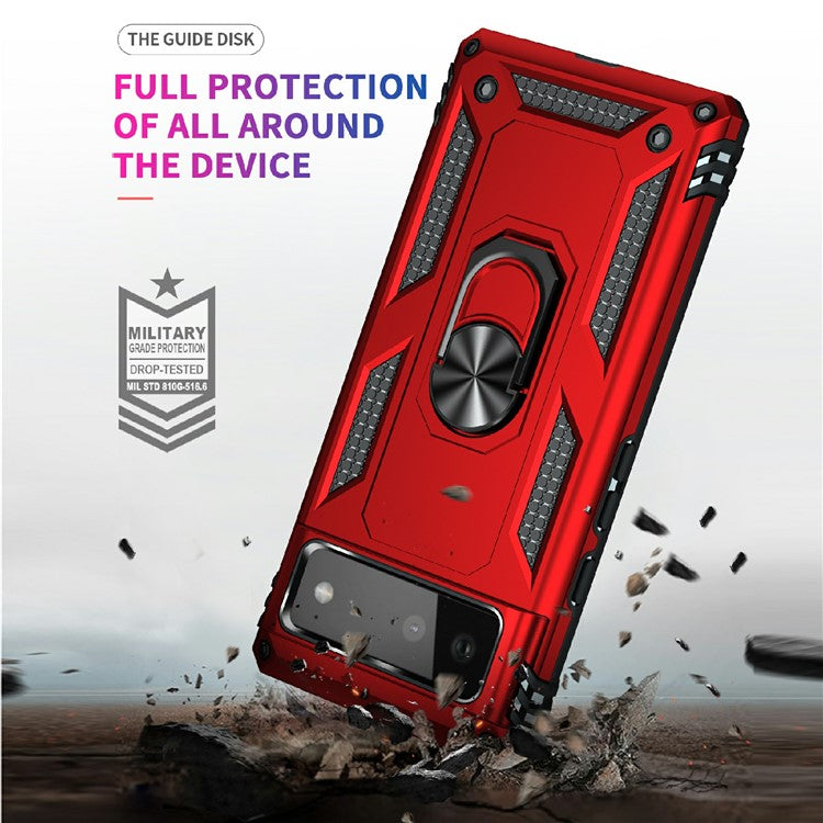 Military Grade PC + TPU Shockproof Hybrid Cover with Rotary Ring Kickstand for Google Pixel 6 - Red