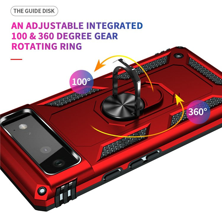 Military Grade PC + TPU Shockproof Hybrid Cover with Rotary Ring Kickstand for Google Pixel 6 - Red