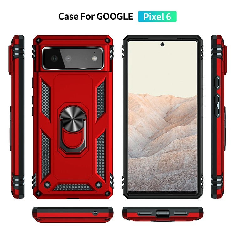 Military Grade PC + TPU Shockproof Hybrid Cover with Rotary Ring Kickstand for Google Pixel 6 - Red