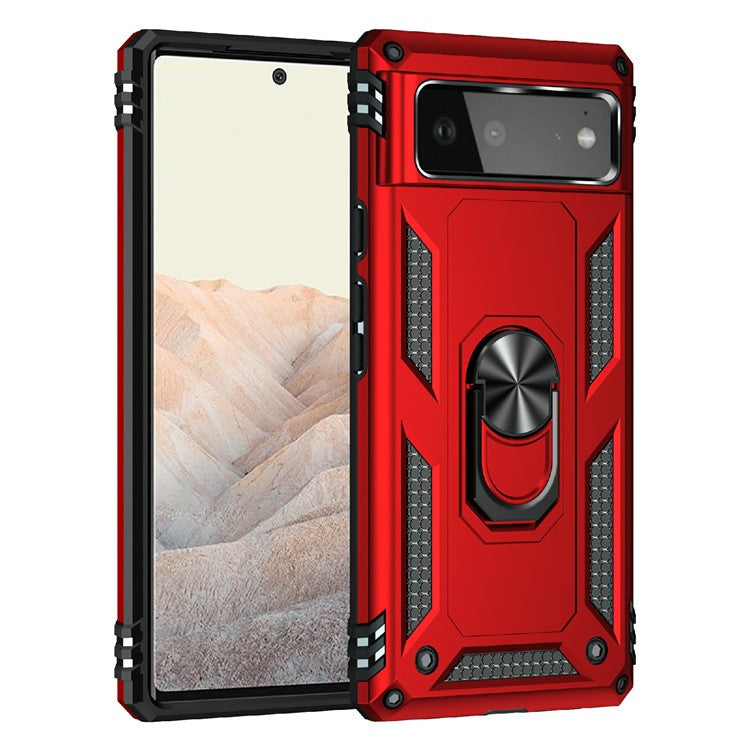 Military Grade PC + TPU Shockproof Hybrid Cover with Rotary Ring Kickstand for Google Pixel 6 - Red