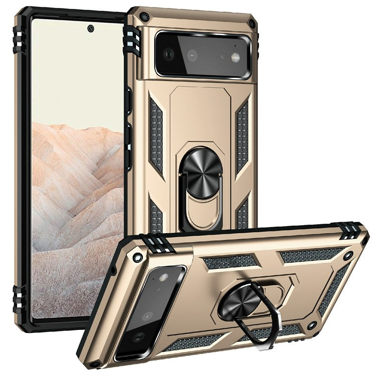 Military Grade PC + TPU Shockproof Hybrid Cover with Rotary Ring Kickstand for Google Pixel 6 - Gold