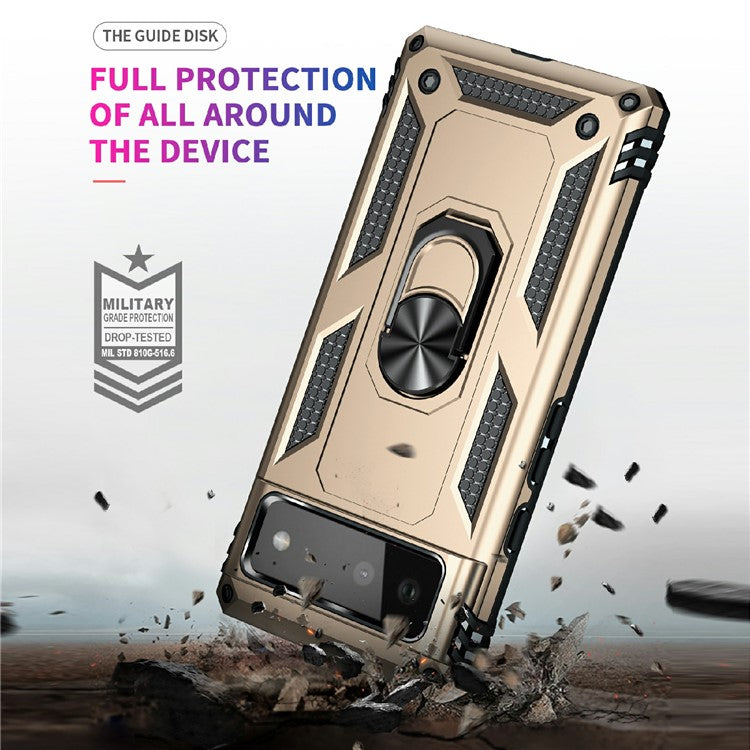 Military Grade PC + TPU Shockproof Hybrid Cover with Rotary Ring Kickstand for Google Pixel 6 - Gold