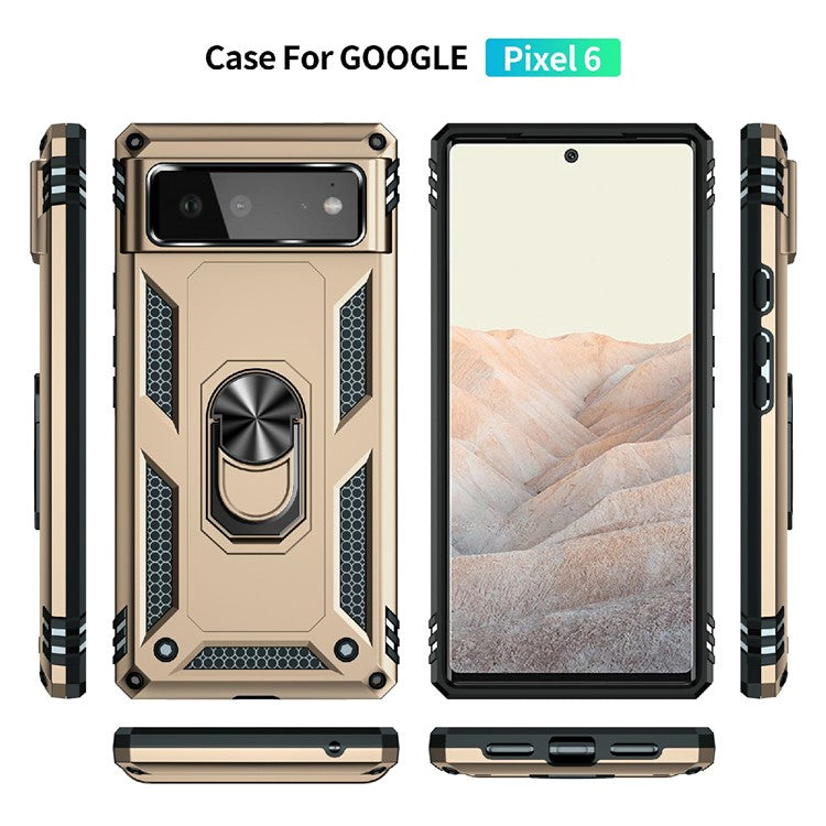 Military Grade PC + TPU Shockproof Hybrid Cover with Rotary Ring Kickstand for Google Pixel 6 - Gold