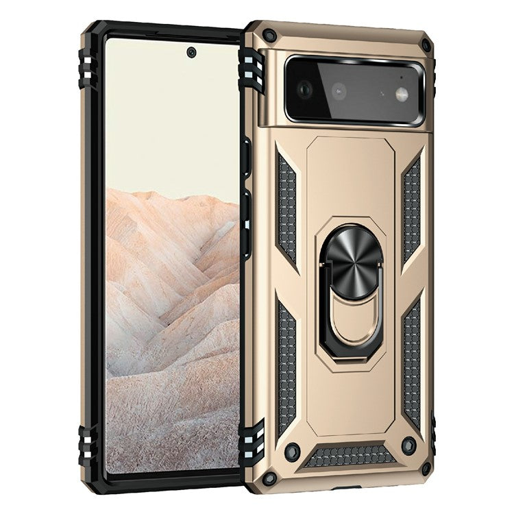 Military Grade PC + TPU Shockproof Hybrid Cover with Rotary Ring Kickstand for Google Pixel 6 - Gold