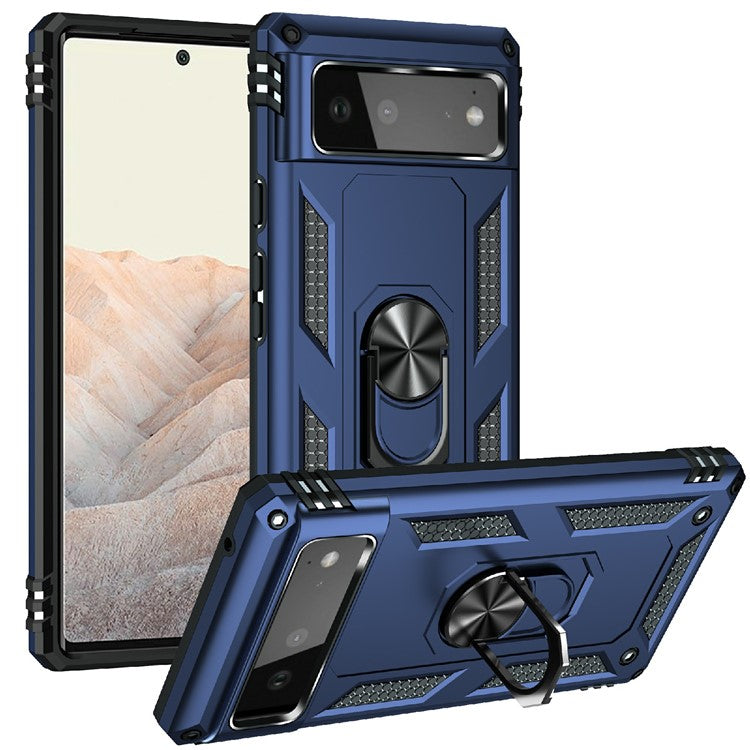 Military Grade PC + TPU Shockproof Hybrid Cover with Rotary Ring Kickstand for Google Pixel 6 - Blue