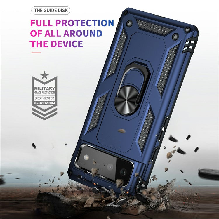 Military Grade PC + TPU Shockproof Hybrid Cover with Rotary Ring Kickstand for Google Pixel 6 - Blue