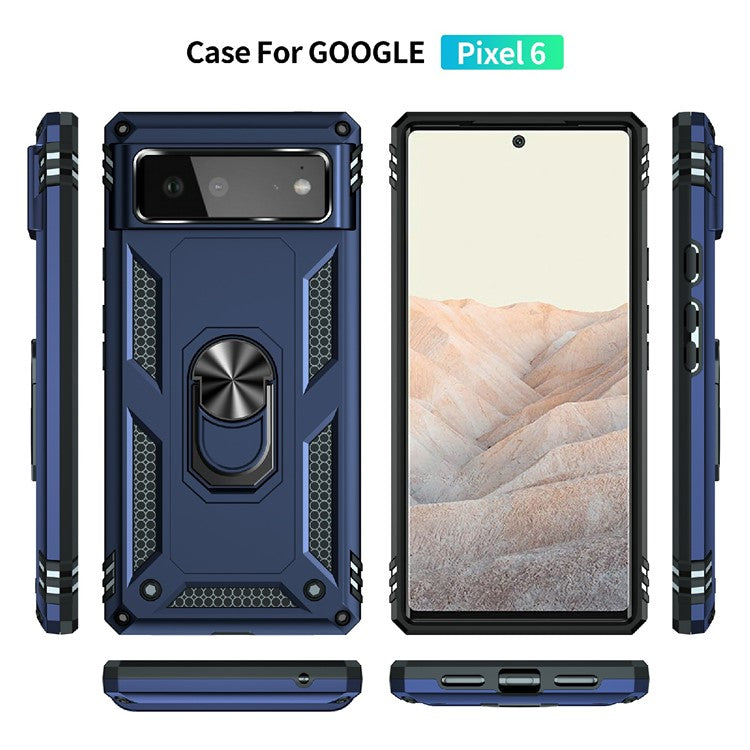 Military Grade PC + TPU Shockproof Hybrid Cover with Rotary Ring Kickstand for Google Pixel 6 - Blue