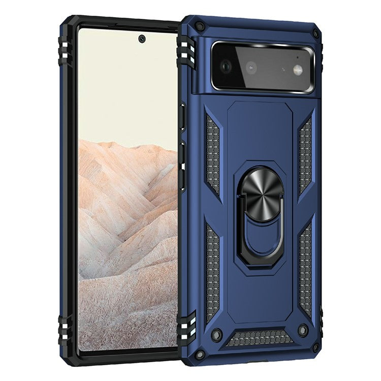 Military Grade PC + TPU Shockproof Hybrid Cover with Rotary Ring Kickstand for Google Pixel 6 - Blue