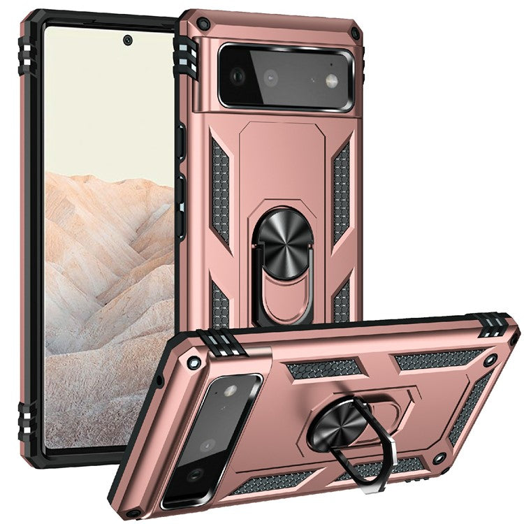 Military Grade PC + TPU Shockproof Hybrid Cover with Rotary Ring Kickstand for Google Pixel 6 - Rose Gold