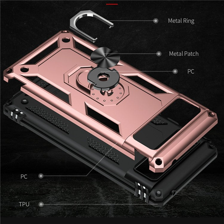 Military Grade PC + TPU Shockproof Hybrid Cover with Rotary Ring Kickstand for Google Pixel 6 - Rose Gold