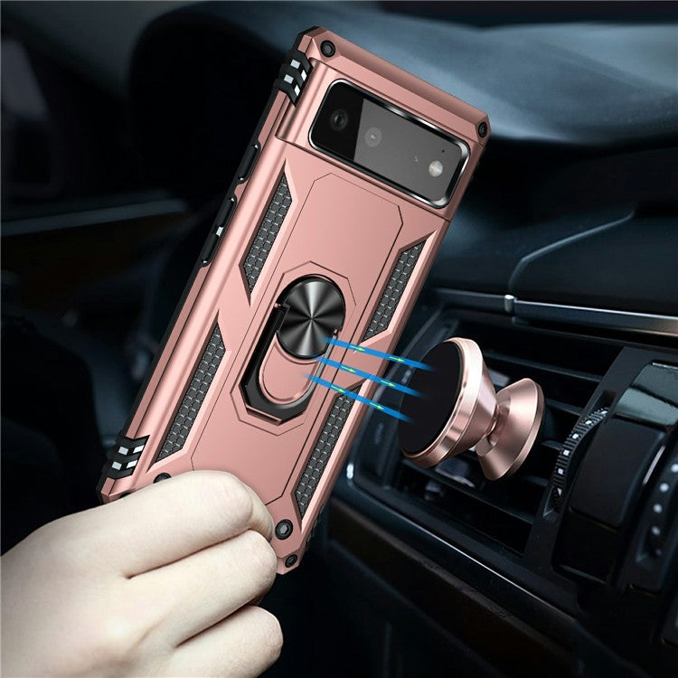 Military Grade PC + TPU Shockproof Hybrid Cover with Rotary Ring Kickstand for Google Pixel 6 - Rose Gold