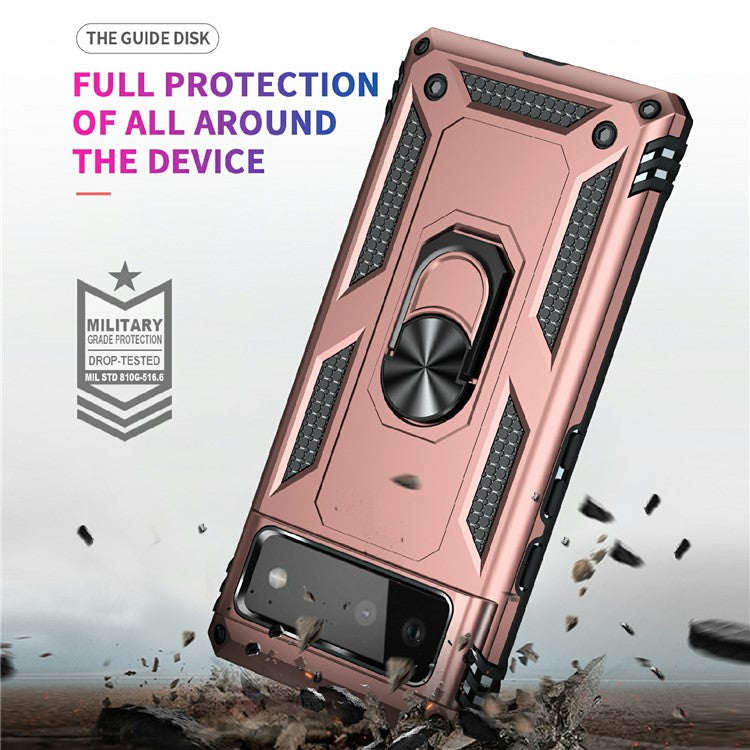 Military Grade PC + TPU Shockproof Hybrid Cover with Rotary Ring Kickstand for Google Pixel 6 - Rose Gold