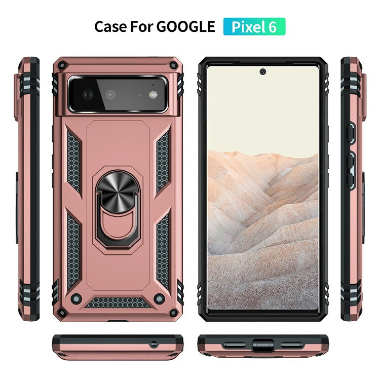 Military Grade PC + TPU Shockproof Hybrid Cover with Rotary Ring Kickstand for Google Pixel 6 - Rose Gold