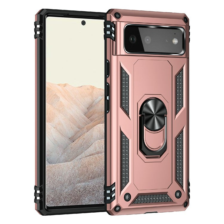 Military Grade PC + TPU Shockproof Hybrid Cover with Rotary Ring Kickstand for Google Pixel 6 - Rose Gold