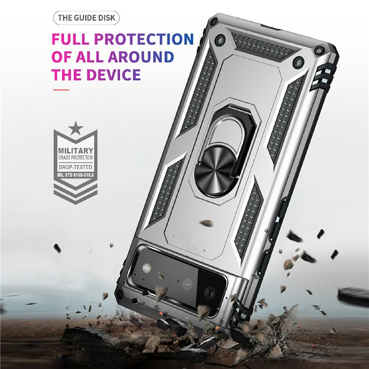 Military Grade PC + TPU Shockproof Hybrid Cover with Rotary Ring Kickstand for Google Pixel 6 - Silver