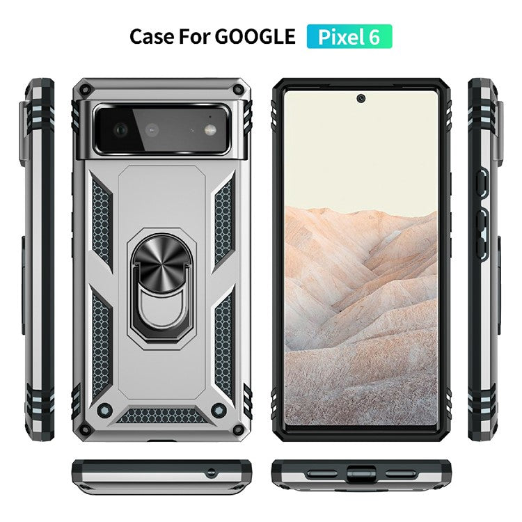 Military Grade PC + TPU Shockproof Hybrid Cover with Rotary Ring Kickstand for Google Pixel 6 - Silver