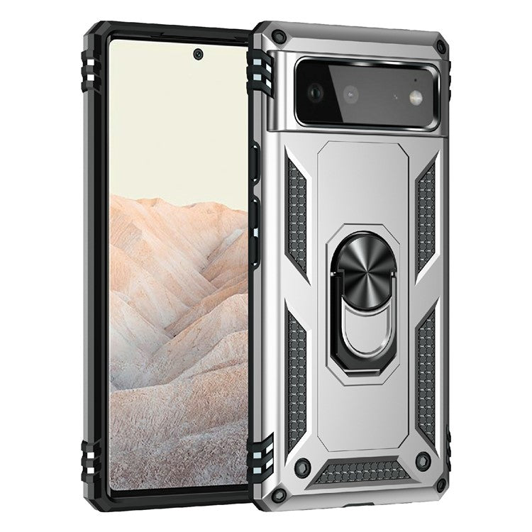 Military Grade PC + TPU Shockproof Hybrid Cover with Rotary Ring Kickstand for Google Pixel 6 - Silver