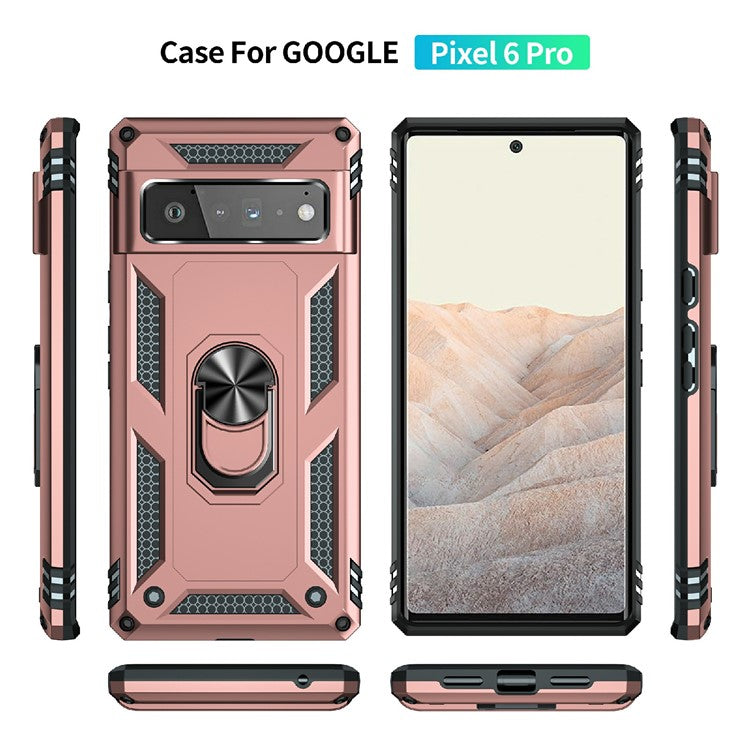 Military Grade Kickstand Design Shockproof PC TPU Hybrid Case Phone Shell for Google Pixel 6 Pro - Rose Gold