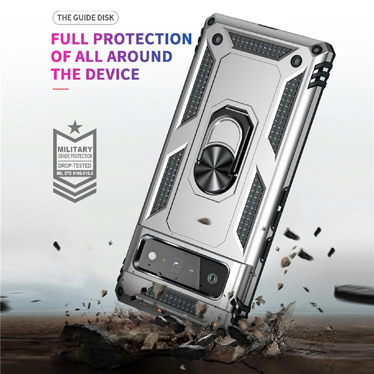 Military Grade Kickstand Design Shockproof PC TPU Hybrid Case Phone Shell for Google Pixel 6 Pro - Silver