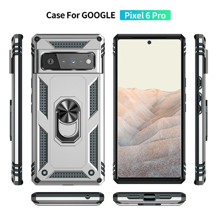 Military Grade Kickstand Design Shockproof PC TPU Hybrid Case Phone Shell for Google Pixel 6 Pro - Silver