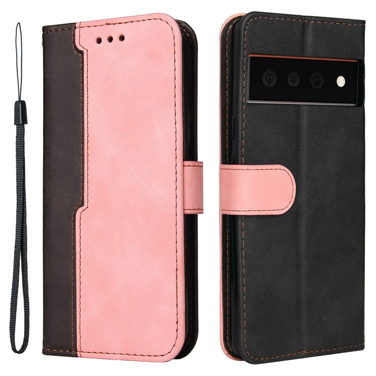 Two-Color Style Magnetic Soft TPU + PU Shockproof Flip Cover Wallet with Strap for Google Pixel 6 - Pink