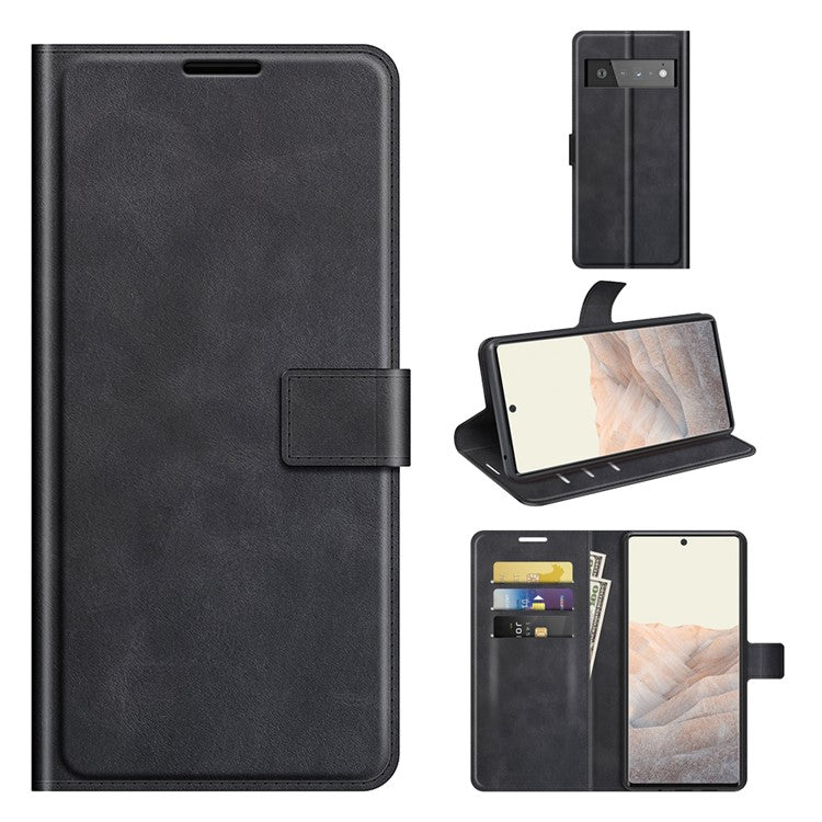 PU Leather Flip Folio Stand Magnetic Closure Shockproof Wallet Case for Google Pixel 6 Pro - Black