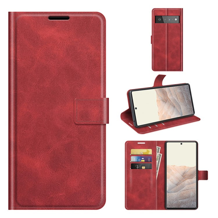 PU Leather Flip Folio Stand Magnetic Closure Shockproof Wallet Case for Google Pixel 6 Pro - Red