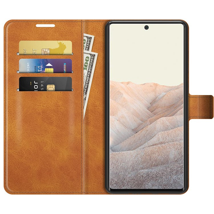 PU Leather Flip Folio Stand Magnetic Closure Shockproof Wallet Case for Google Pixel 6 Pro - Light Brown