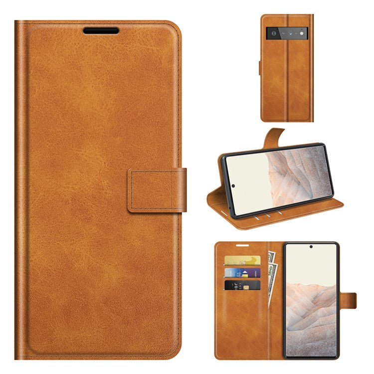 PU Leather Flip Folio Stand Magnetic Closure Shockproof Wallet Case for Google Pixel 6 Pro - Light Brown