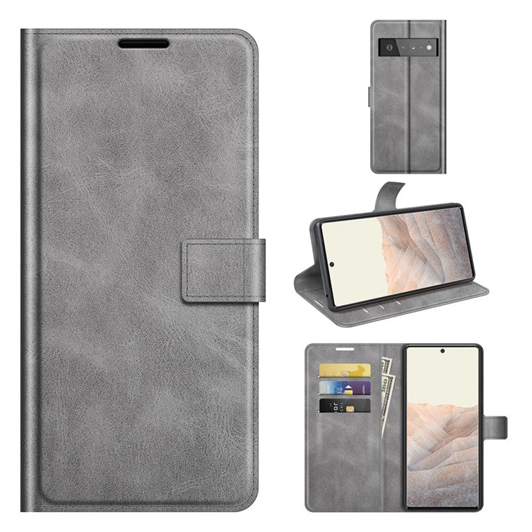 PU Leather Flip Folio Stand Magnetic Closure Shockproof Wallet Case for Google Pixel 6 Pro - Grey