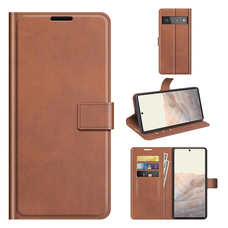 PU Leather Flip Folio Stand Magnetic Closure Shockproof Wallet Case for Google Pixel 6 Pro - Brown